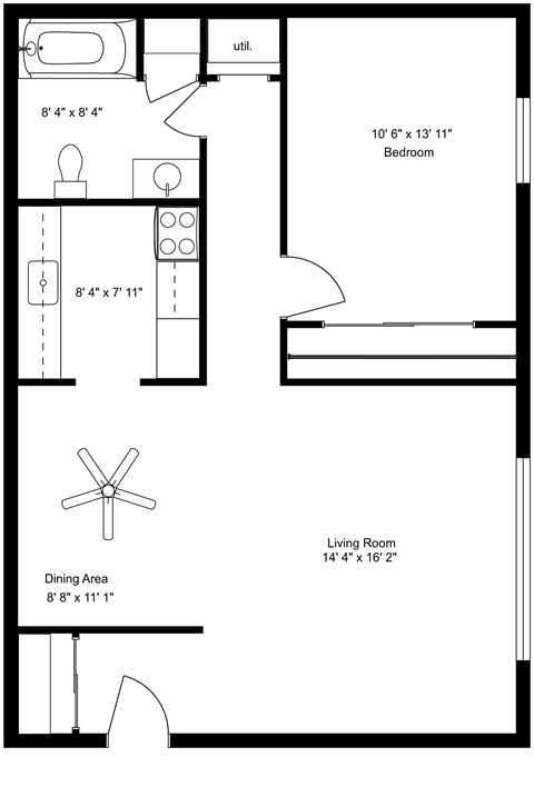 Floor plan for 1 bed, 1 bath, 782 sqft